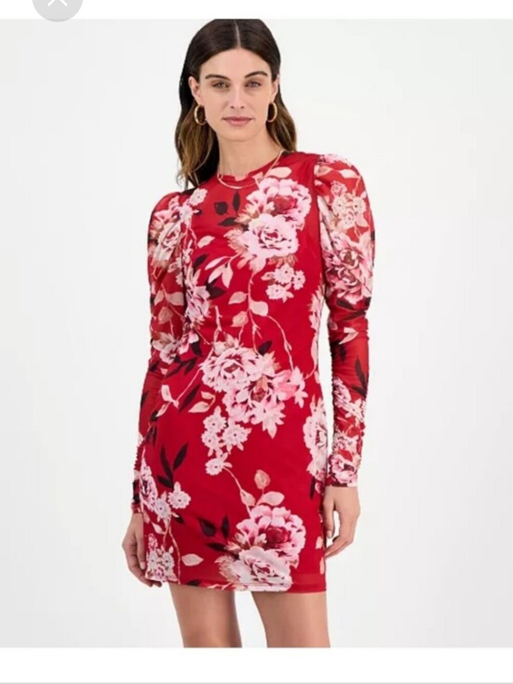 Fourteenth Place NWT Large Red Pink Floral Puff Sleeve Mini Dress Cocktail